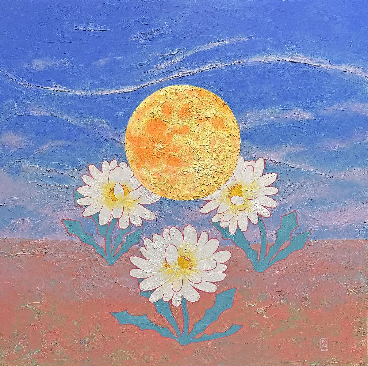 Artist Bohwa Kim's 2022 painting 'Cure': A yellow full moon is at the center of the frame, embraced by three white dandelion flowers. The painting features a rough texture, giving the canvas a dry, parched feel.