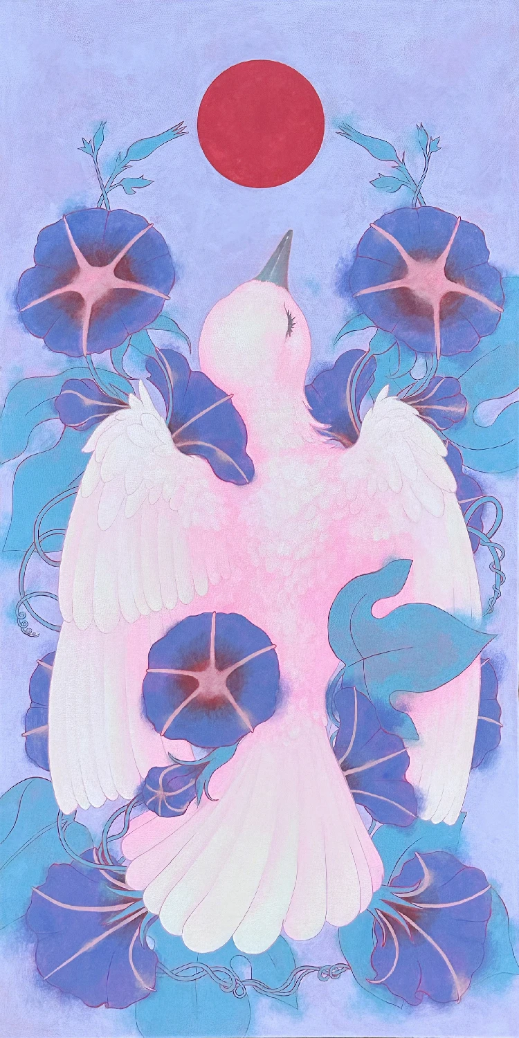 Artist Bohwa Kim's 2024 painting 'A day-Morning': A white bird is at the center of the frame with its wings half-spread. Blue morning glories and vines surround the bird. A red sun is in the upper part, and the background color is a dawn-lit sky.