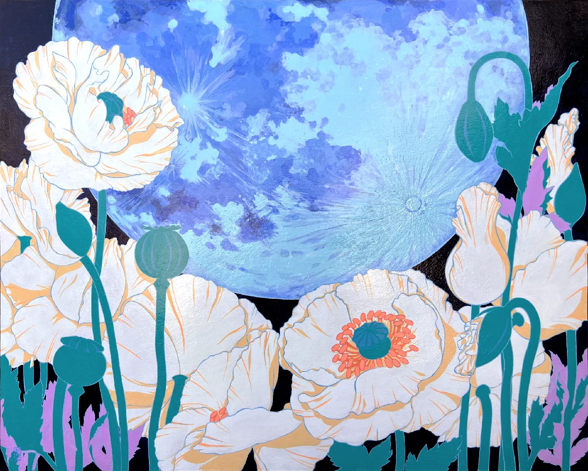 Artist Bohwa Kim's 2021 painting 'Goodnight': A large blue full moon, too big to fully fit in the frame, floats in a black night sky. Below it, white poppy flowers are blooming abundantly.
