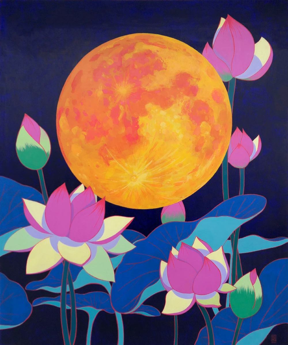Artist Bohwa Kim's 2021 painting 'The Moon and Lotus' : A mystical scene depicting a full moon in the night sky, with pink lotus flowers and blue lotus leaves reaching towards the moon.