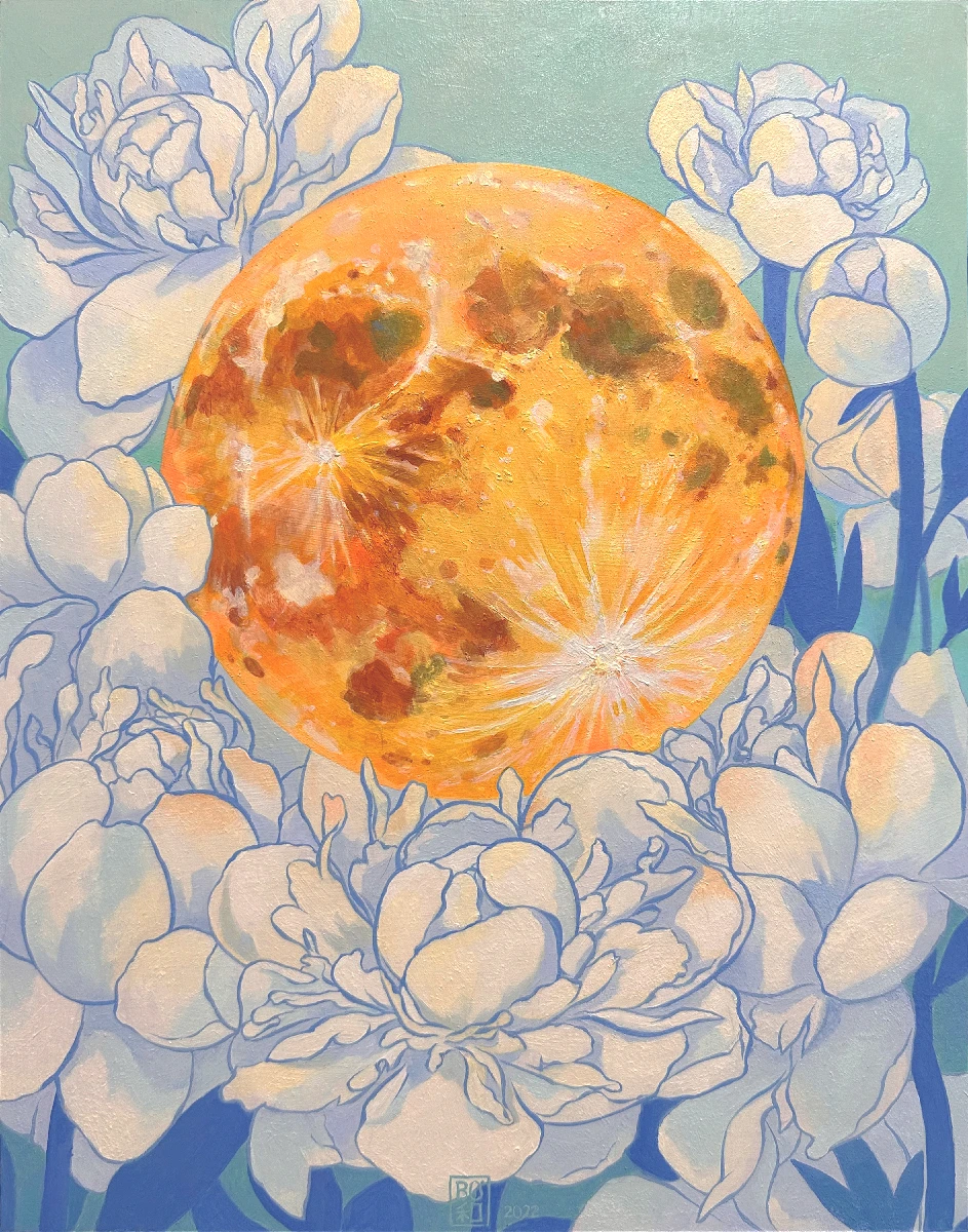 Artist Bohwa Kim's 2022 painting 'The Moon and Peonies': A vivid yellow full moon is positioned in the upper-middle of the frame, embraced by soft sky-blue peonies. The sky is mint green. Overall, blue tones contrast with the moon's yellow.