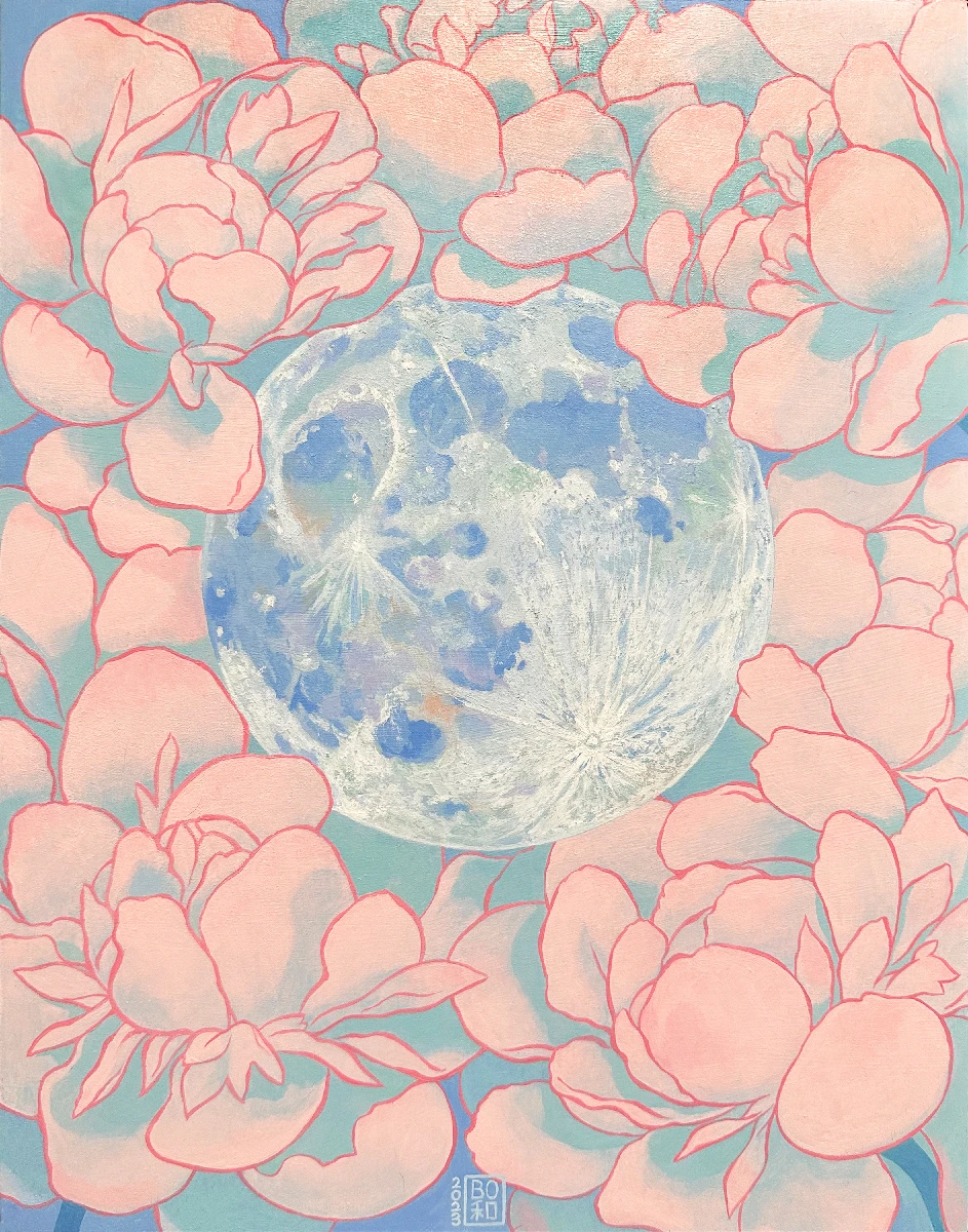 Artist Bohwa Kim's 2023 painting 'The Moon and Peonies': A white moon is at the center of the frame, with its shadowed parts rendered in blue. The moon is softly embraced by abundant pink peonies that fill the surrounding canvas.