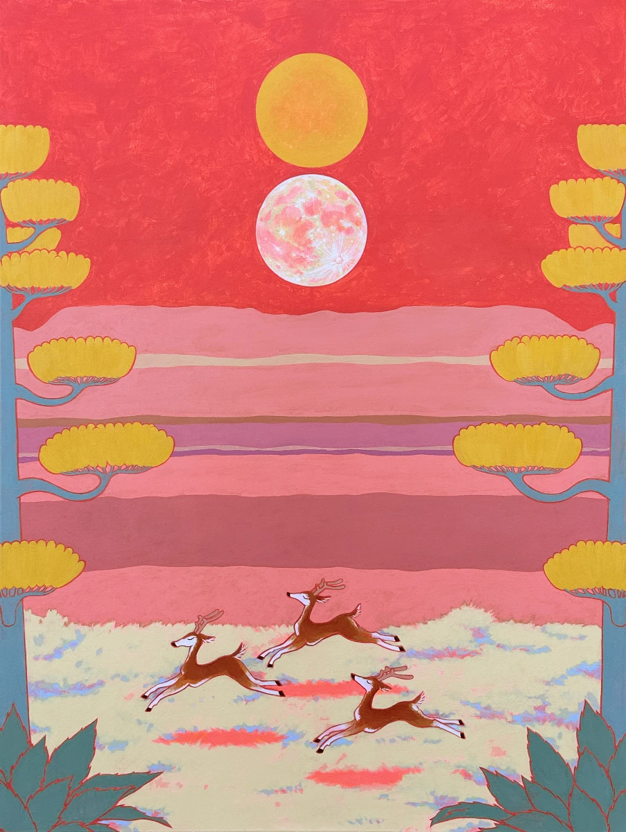 Artist Bohwa Kim’s 2024 painting New Mexico, depicting a red sky with a yellow sun, white moon, agaves, and three deer on yellow grass.