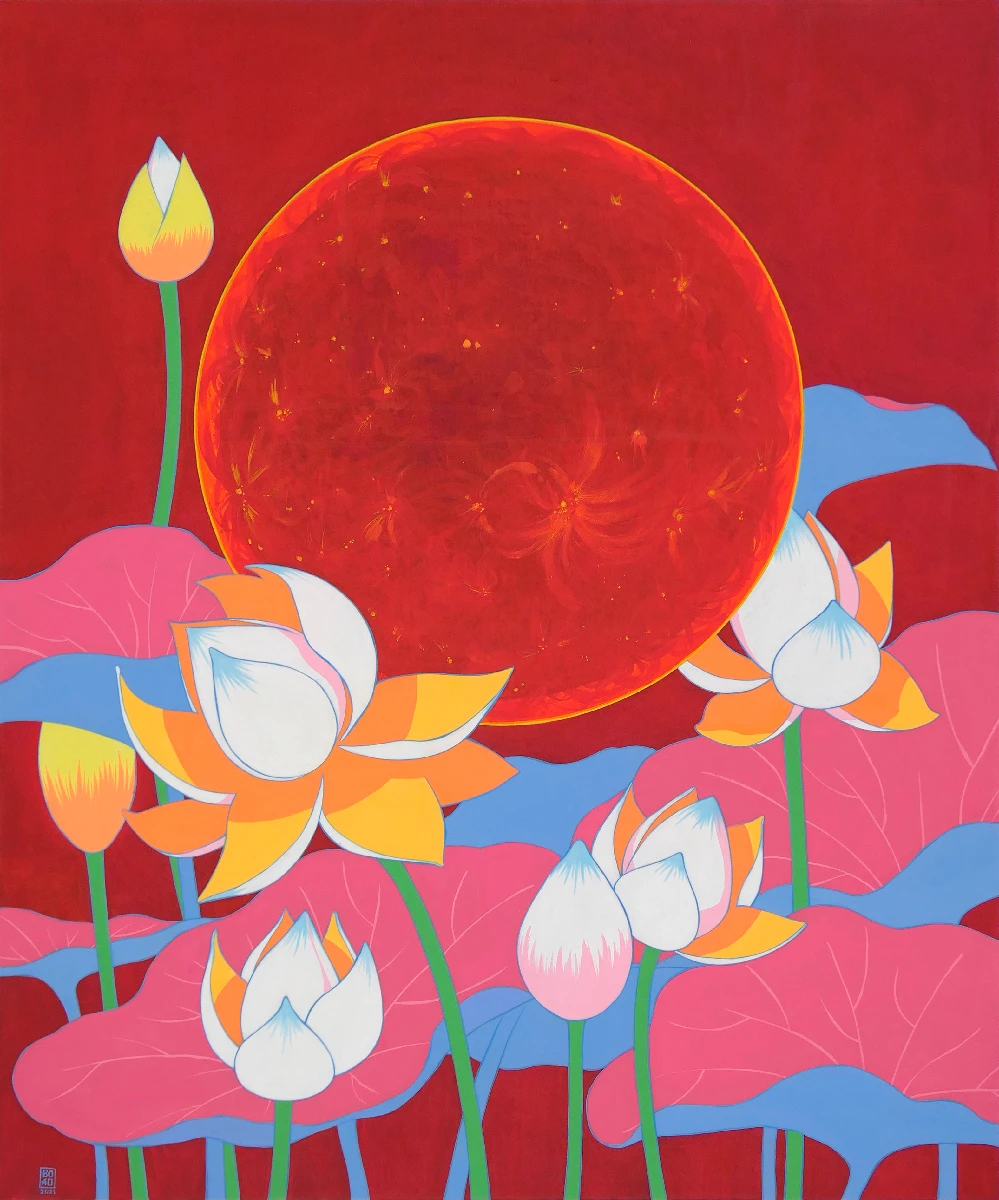Artist Bohwa Kim's 2021 painting 'The Sun and Lotus' : A mystical scene depicting a red Sun in the red sky, with white lotus flowers and sky blue lotus leaves reaching towards the sun.