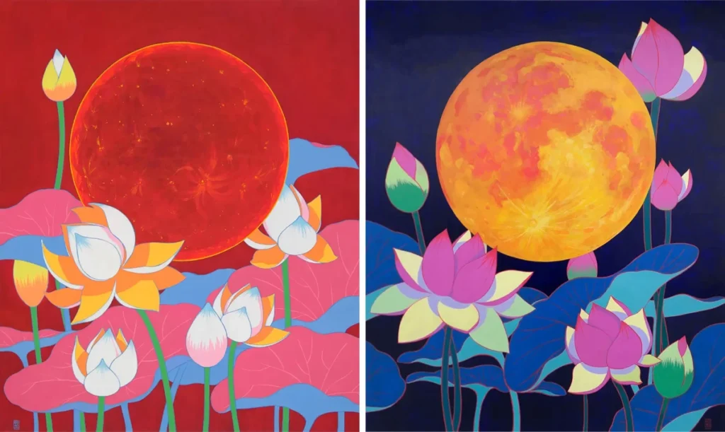Artist Bohwa Kim's 2021 painting set featuring 'The Sun and Lotus' and 'The Moon and Lotus' side-by-side.