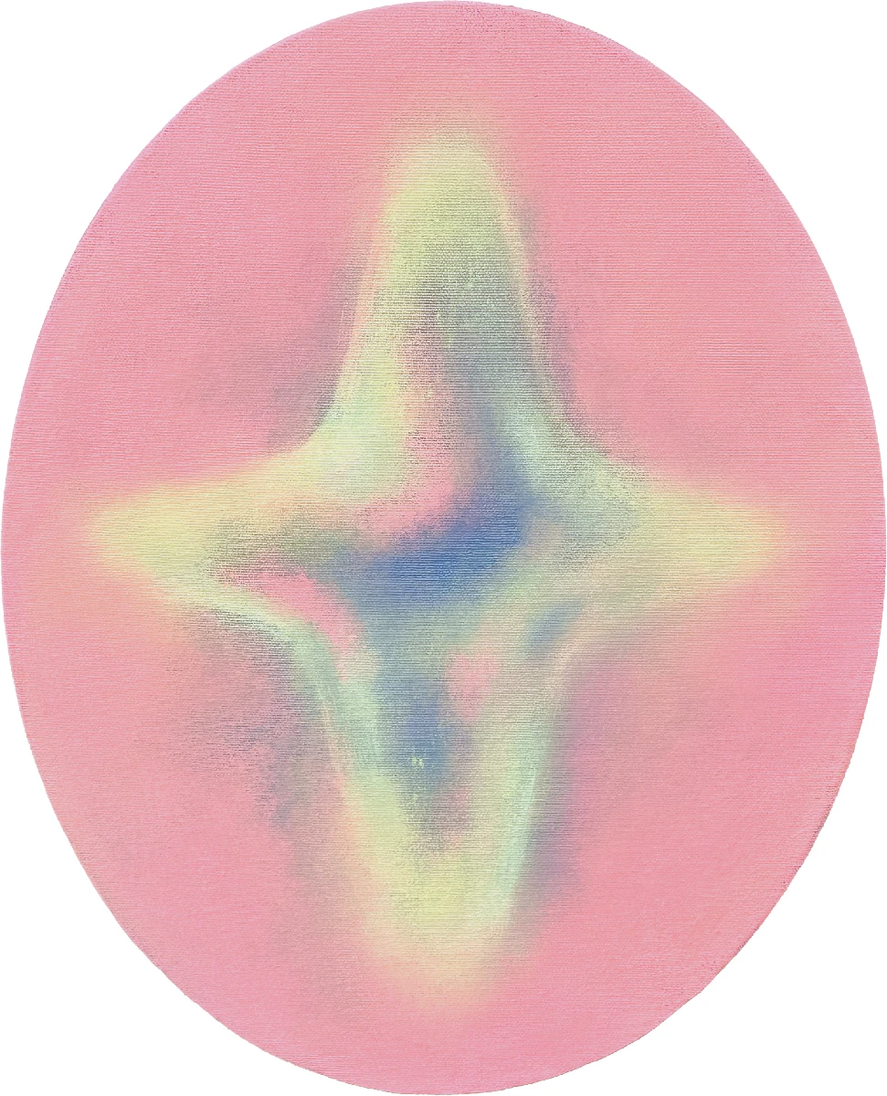 Artist Bohwa Kim's 2024 painting 'tear': The artwork incorporates many pastel colors. The background is pink-toned, and the tear is primarily pastel yellow, depicted as a glowing, cross-shaped form. This shape is rendered with rounded edges, without any sharp points.
