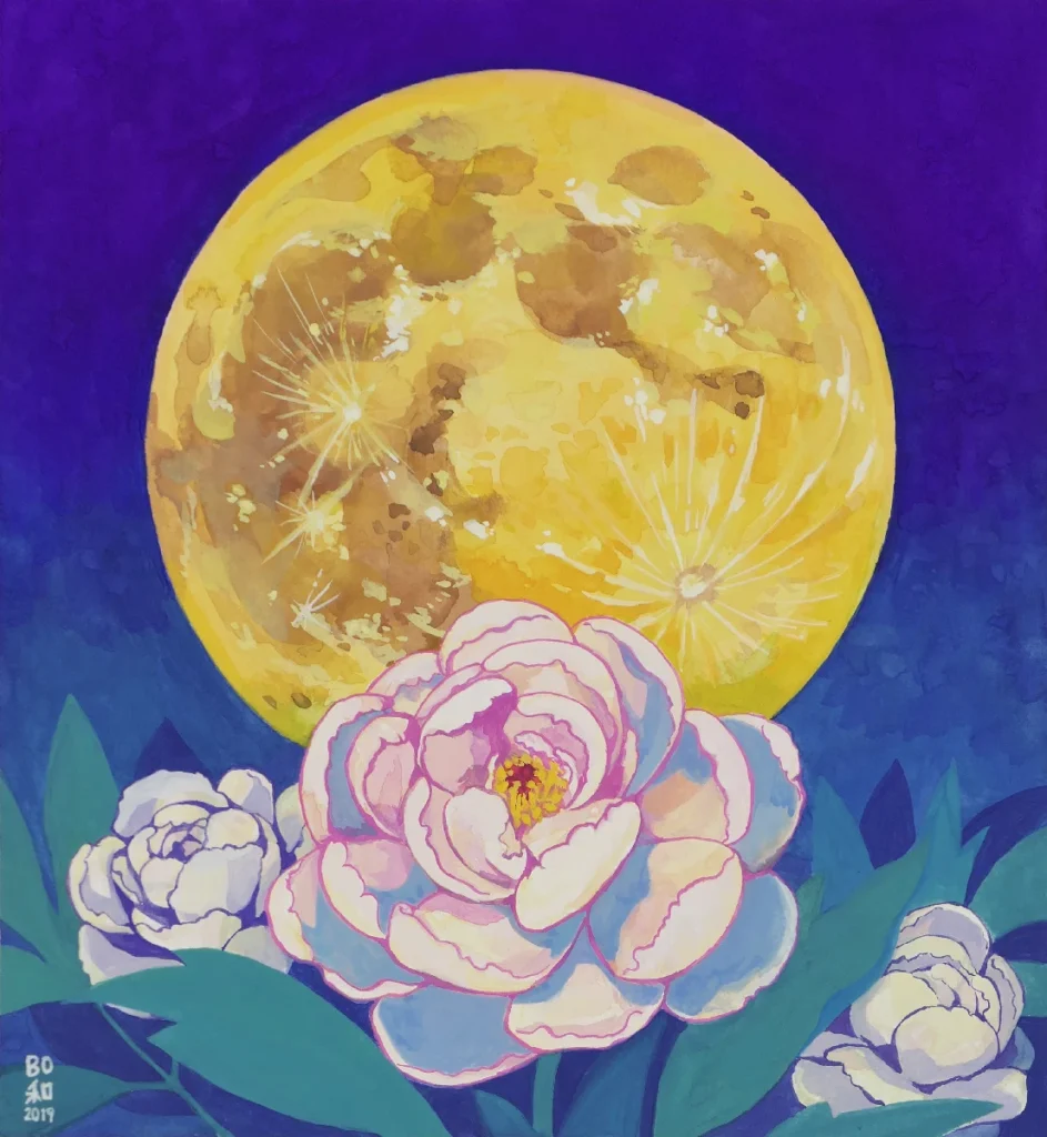 The Moon and Peonies (2019) by Bohwa Kim: A clearly defined yellow full moon and three white peony flowers blooming against a deep blue sky, acrylic on canvas.