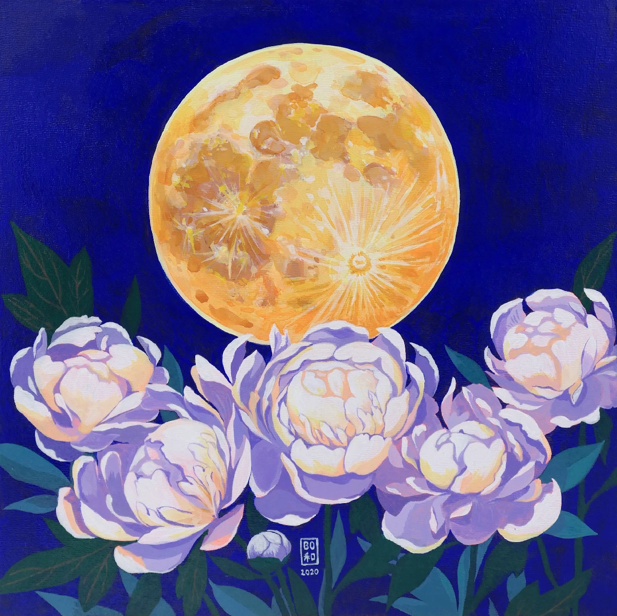 Artist Bohwa Kim's 2020 painting 'The Moon and Peonies': A yellow full moon and five blue and white peony flowers bloom in a dark night sky.