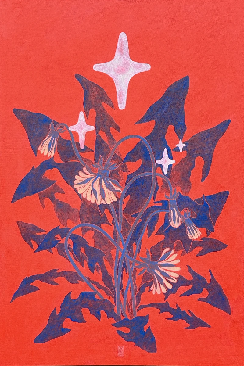Artist Bohwa Kim's 2024 painting 'Life-dandelion': Against a vivid red background, spiky dark blue dandelion stems are depicted, with curved dandelion flowers at the center of the frame. Above and around them are the artist's unique rounded, cross-shaped tears.