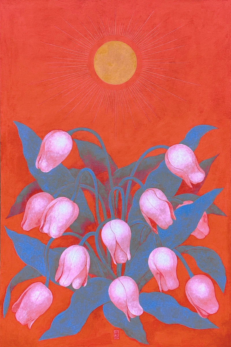 Artist Bohwa Kim's 2024 painting 'Life-Tulips': On a vivid red background, blue-green tulip leaves and white tulips create a stark contrast. The tulips' stems droop as if withered, and a yellow sun in the upper part of the frame radiates light with emanating lines.