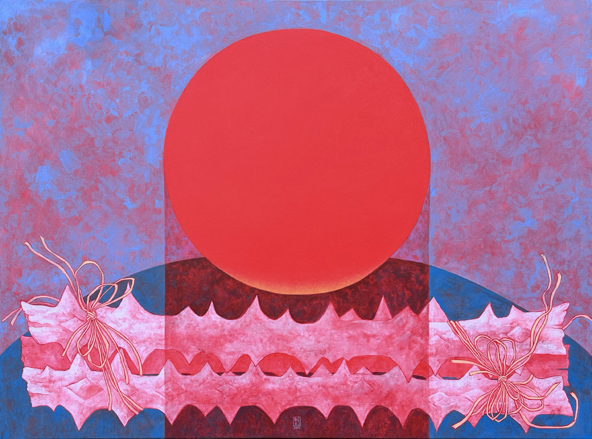 Artist Bohwa Kim’s 2025 painting New Sun: A large red sun rises at the center of the canvas against a blue background, with thorny branches tied into knots arranged horizontally along the bottom of the composition.