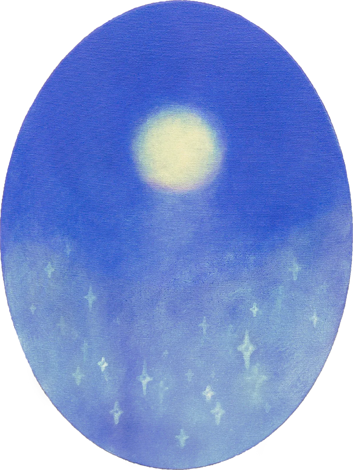 Artist Bohwa Kim’s 2025 painting Tears: A softly glowing moon centered in a blue night sky with faint, scattered starlight.