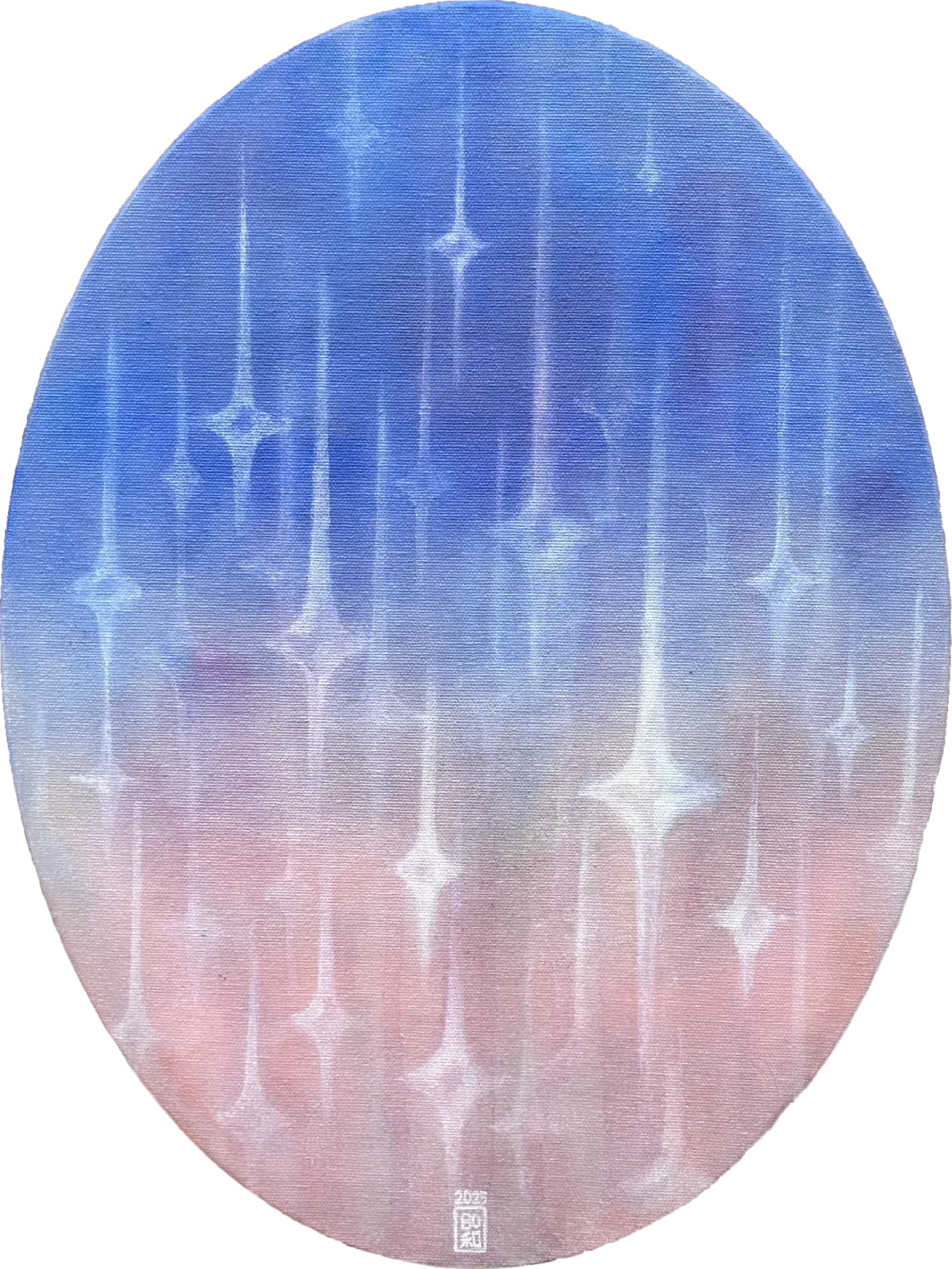 Artist Bohwa Kim’s 2025 painting Tears: A blue-to-pink gradient night sky with elongated, star-like white lights falling vertically.