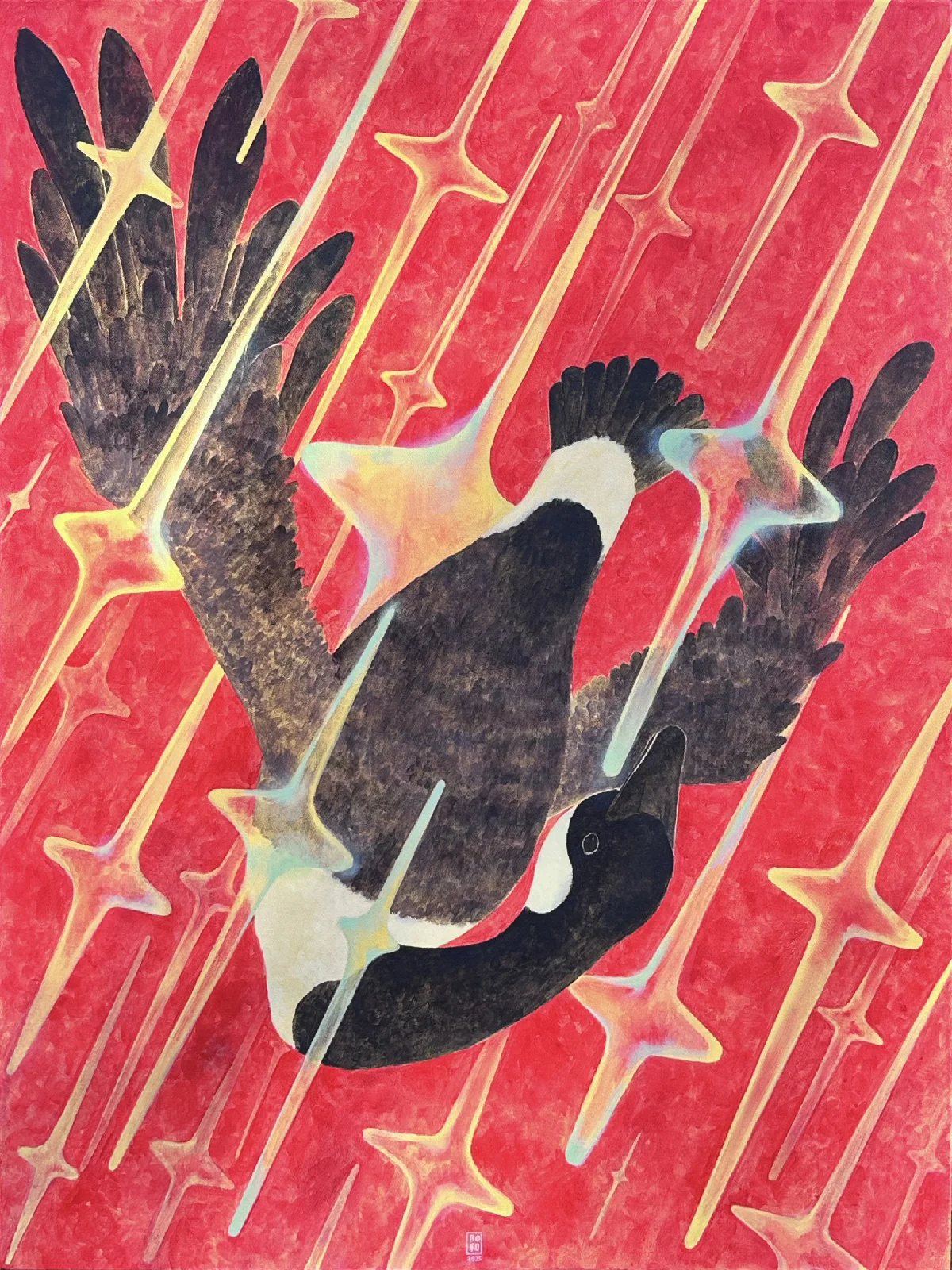 A goose falling upside down against a red sky with diagonal streaks.