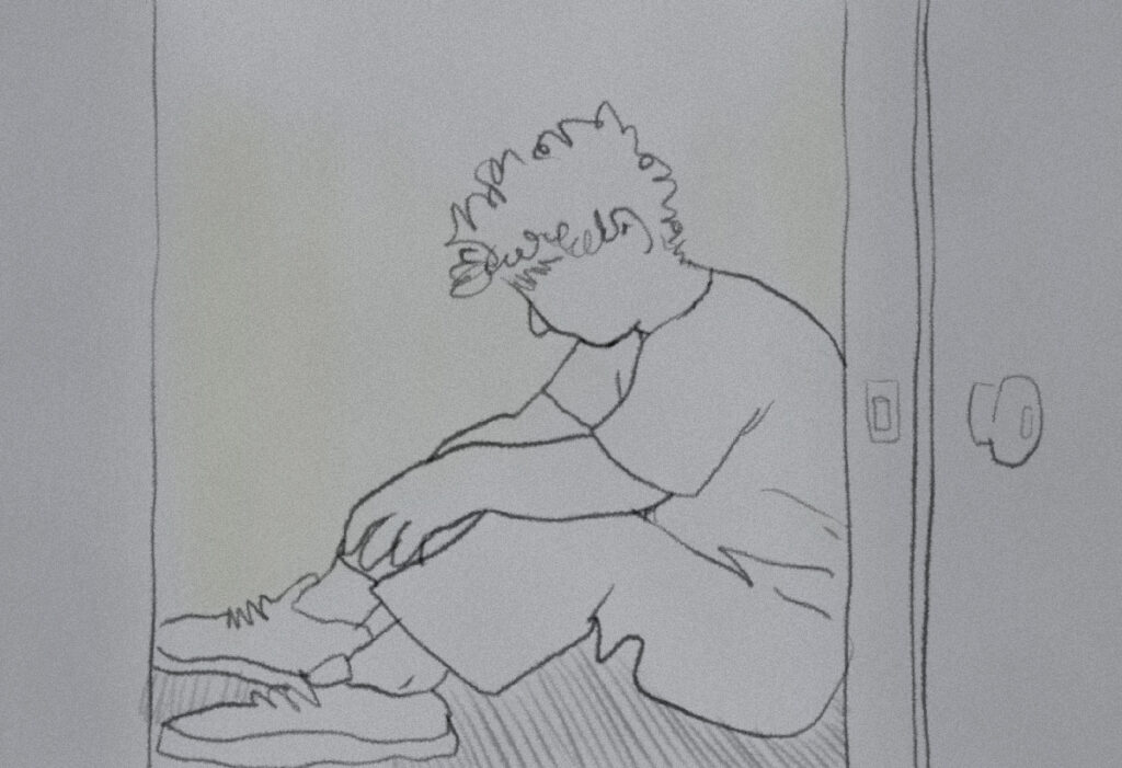 A sketch of a person sitting weakly on the floor.