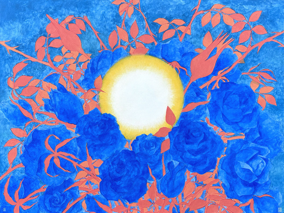 Artist Bohwa Kim’s 2025 painting The Moon and Blue Roses: A bright moon centered among blue roses and coral-red branches.