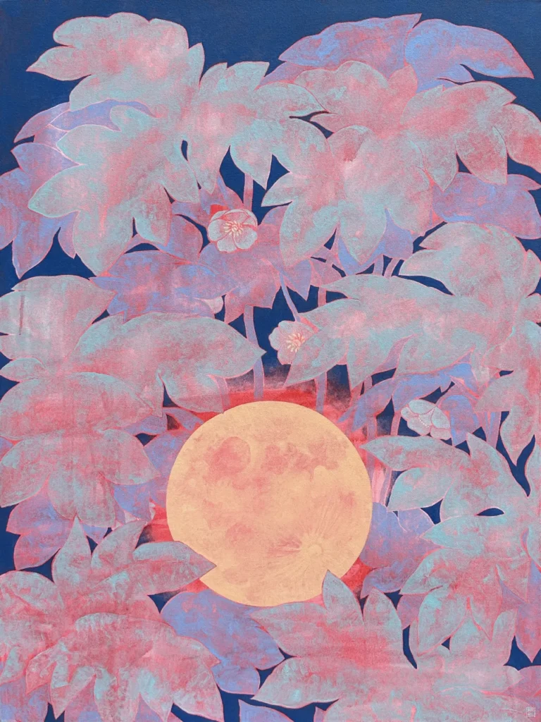The moon rises even in low places (2026) by Bohwa Kim is a serene acrylic painting featuring a large and luminous pinkish yellow moon positioned at the bottom center of the canvas. Above the moon large layered leaves in vibrant pink and soft blue surround small Mayapple flowers that bloom facing the ground. The entire composition is set against a solid dark blue background symbolizing that hope and light can be found in the lowliest of places.