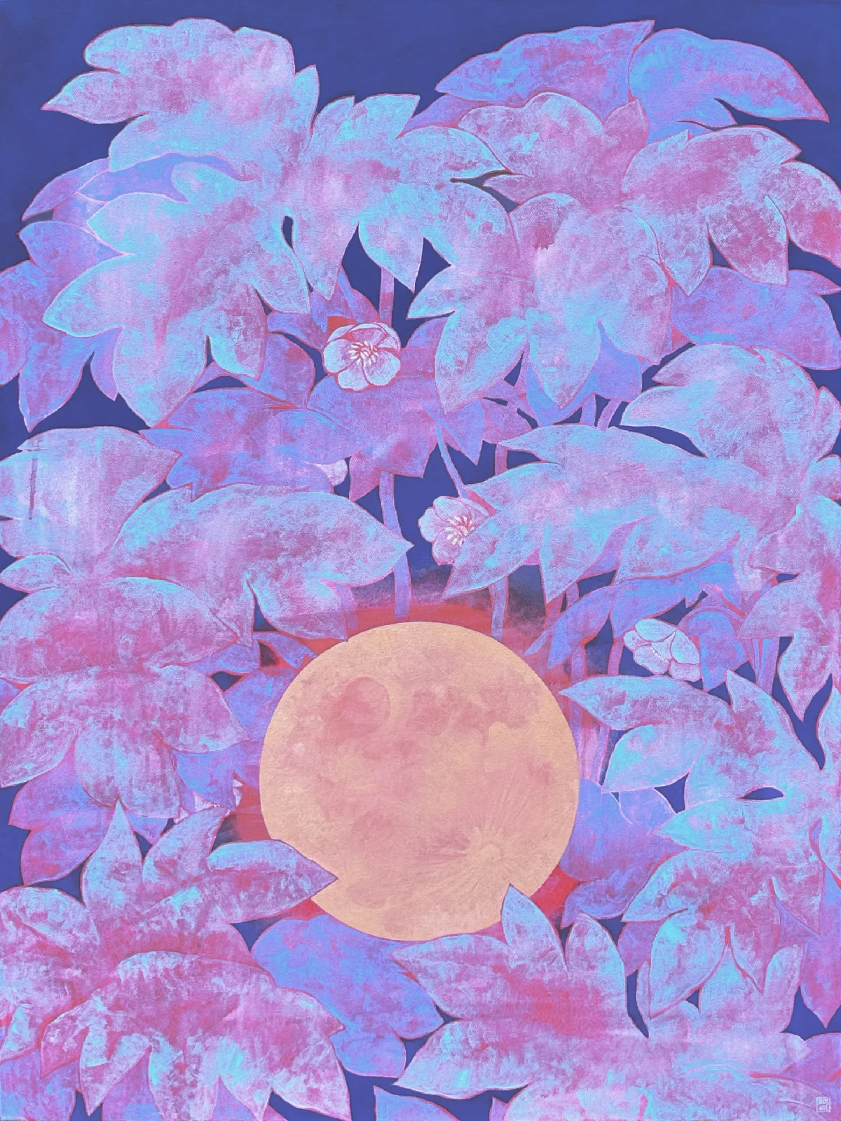 The moon rises even in low places (2026) by Bohwa Kim is a serene acrylic painting featuring a large and luminous pinkish yellow moon positioned at the bottom center of the canvas. Above the moon large layered leaves in vibrant pink and soft blue surround small Mayapple flowers that bloom facing the ground. The entire composition is set against a solid dark blue background symbolizing that hope and light can be found in the lowliest of places.