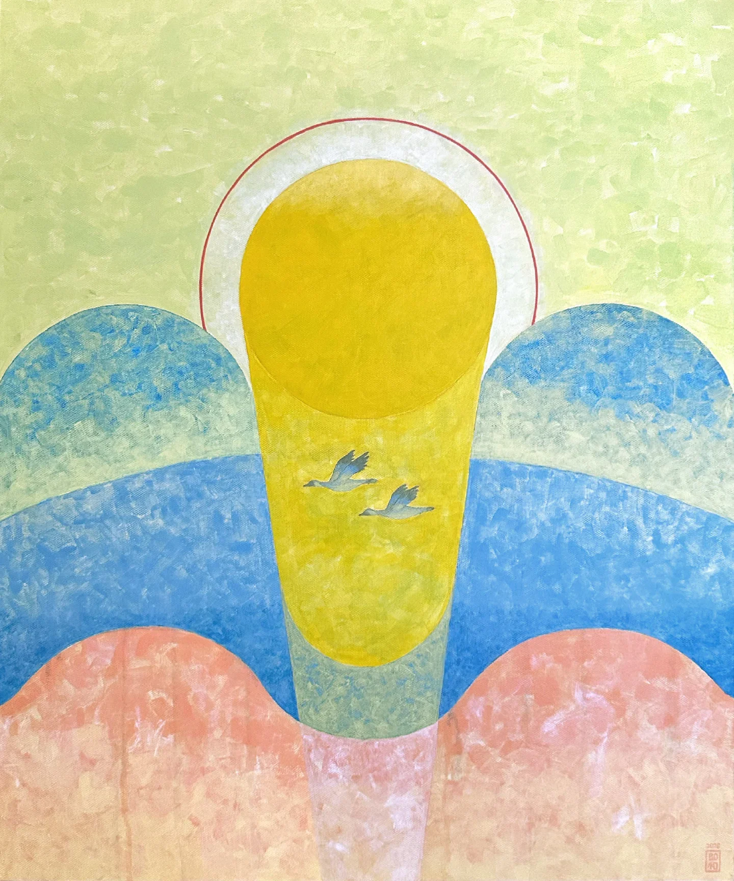 Us (2026) by Bohwa Kim is a serene acrylic painting featuring two small birds flying together within a broad beam of radiant yellow light descending from a large golden sun. The background consists of stylized layered mountains in soft pink and deep blue under a pale green sky representing a shared journey over mountains and waters with a sense of peace and togetherness.