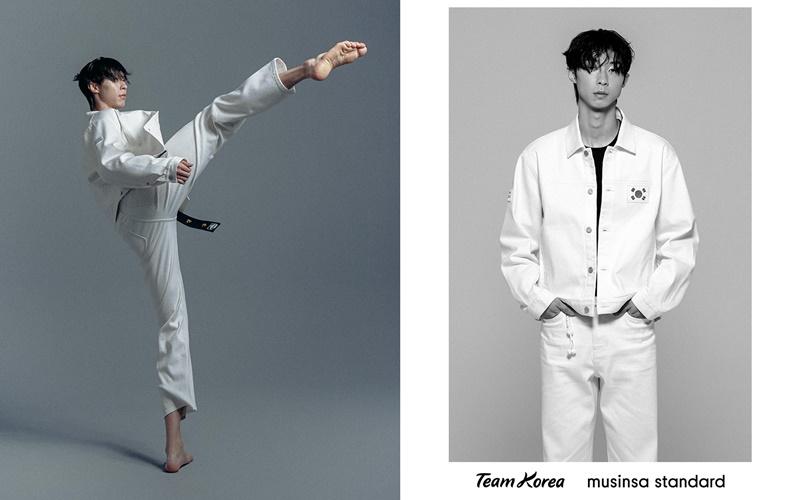 A composite image showcasing the official opening and closing ceremony uniform for Team Korea at the Hangzhou Asian Games, designed by Musinsa Standard. The uniform's theme is "Baekui Minjok" (The White-Clad People). The left side features a dynamic full-body shot of South Korean Taekwondo athlete Jang Jun performing a high side kick, wearing the pure white suit which symbolizes the traditional aesthetic of pure white clothing in Korea. The right side is a close-up portrait of another model wearing the same white denim jacket over a black shirt, clearly displaying the Korean flag (Taegeukgi) patch on the chest and an embossed pattern on the sleeve. The overall impression is a modern, stylish interpretation of Korea's long-standing white-clad tradition.