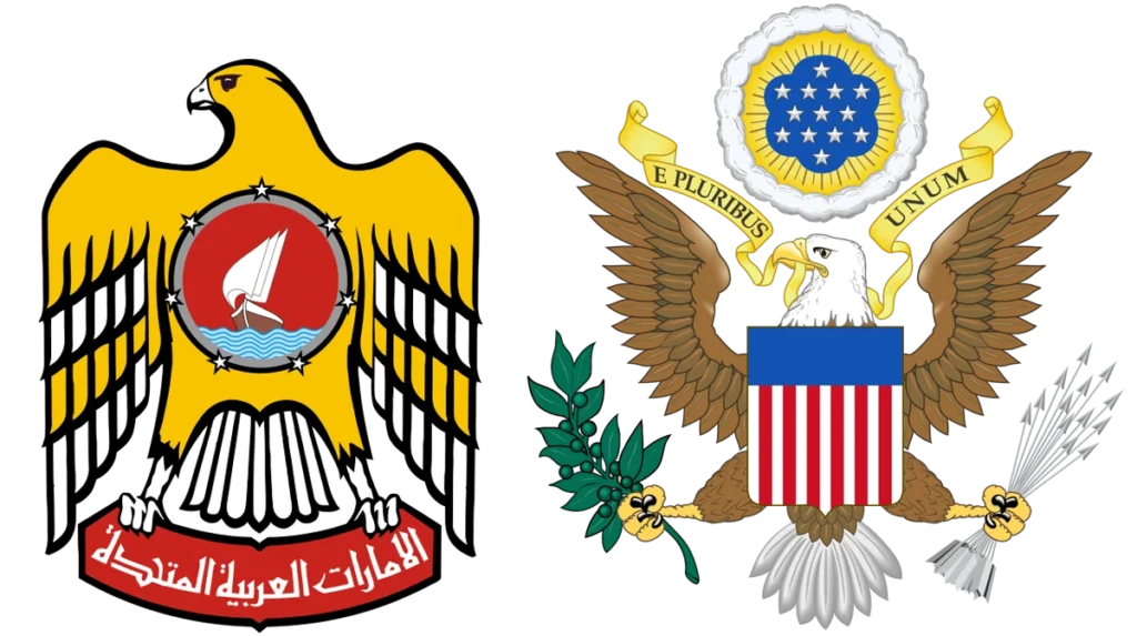 symbolic composition featuring two national emblems side-by-side. On the left is the golden emblem of the United Arab Emirates, depicting a falcon. On the right is the Great Seal of the United States, depicting a bald eagle holding a shield.
