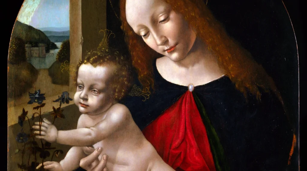 A detail from 'Madonna and Child with Columbines' by a follower of Leonardo da Vinci. The image shows the Virgin Mary holding the infant Jesus. On the left side of the composition, a columbine flower is depicted.